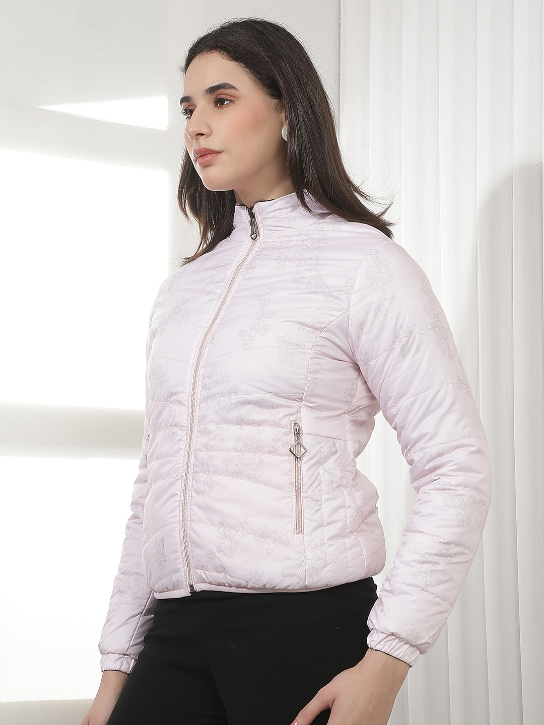 Pink Floral Print Waist Length Reversible Jacket