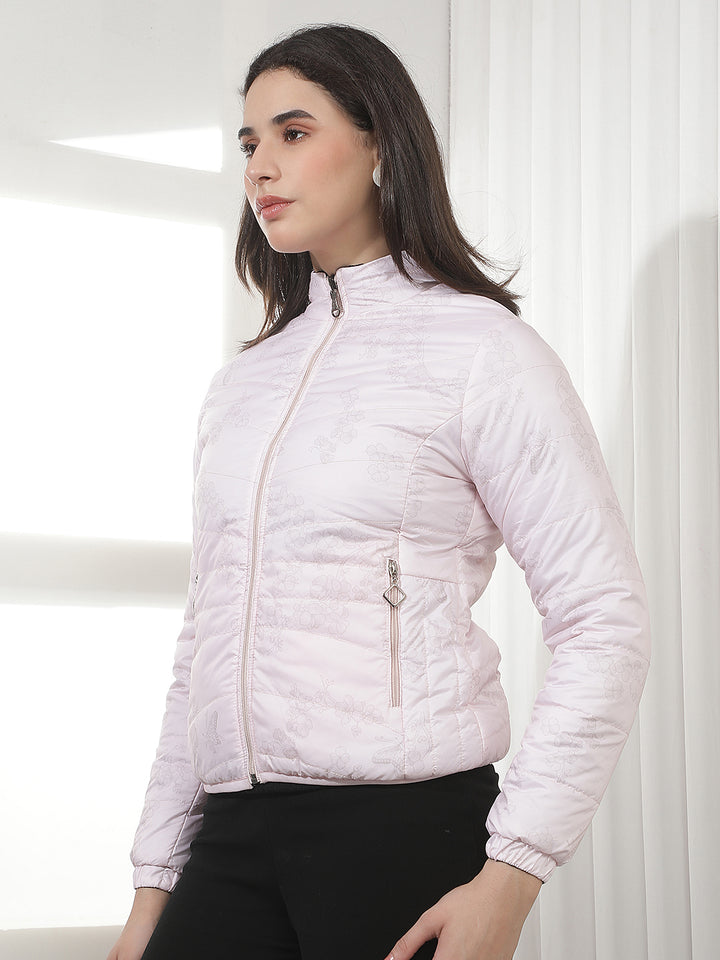 Pink Floral Print Waist Length Reversible Jacket