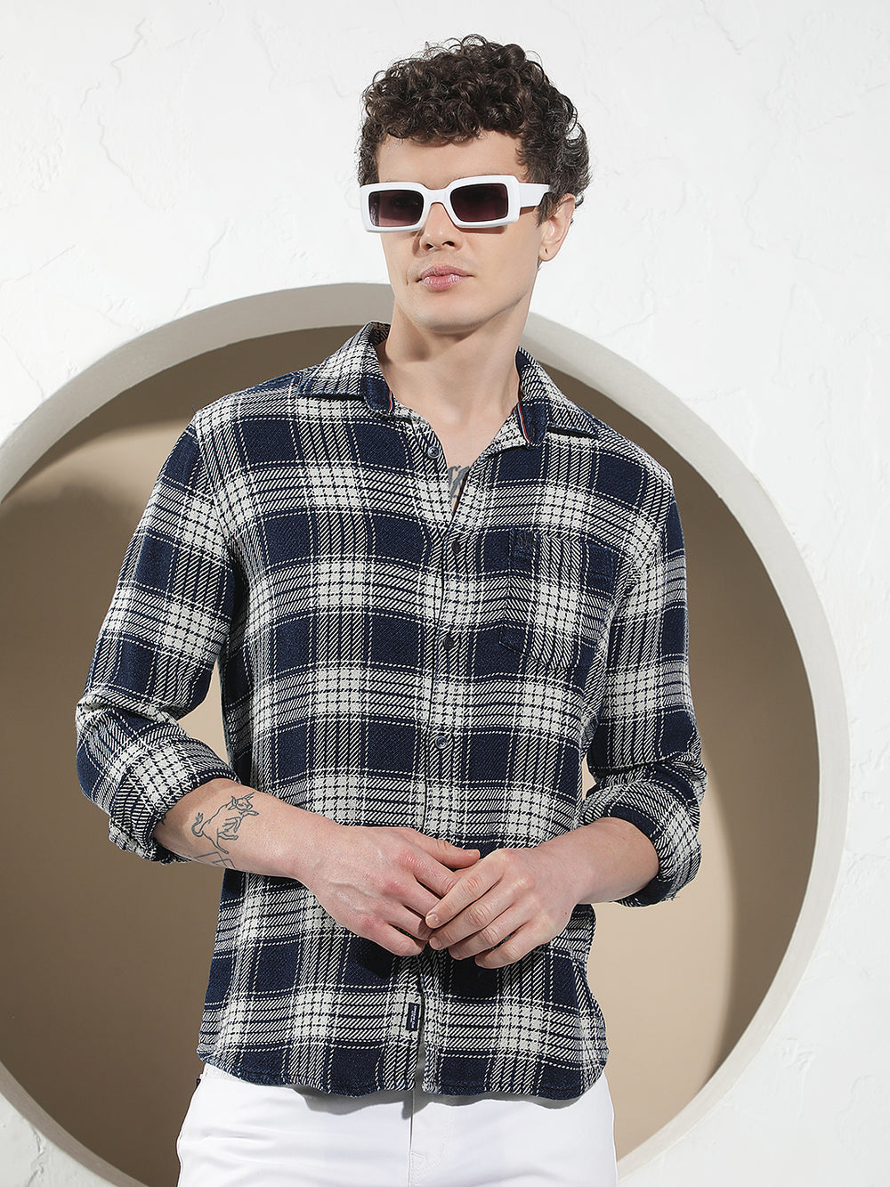 Navy Blue 100% Cotton Checked Shirt