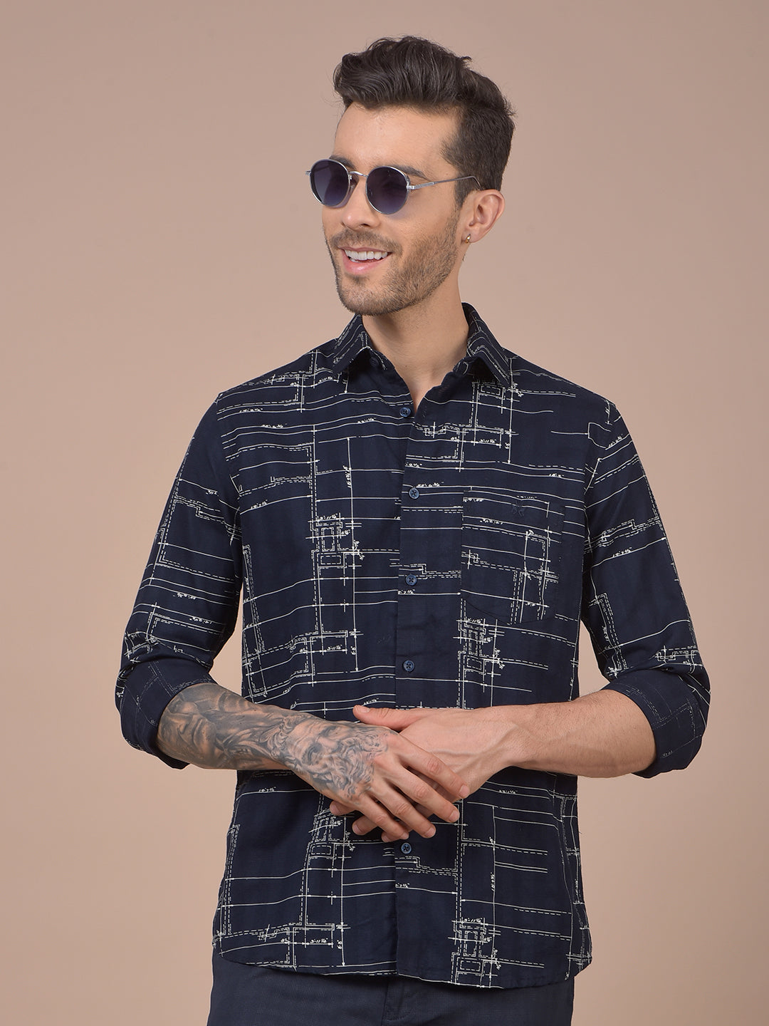 Navy Blue Printed 100% Cotton Shirt