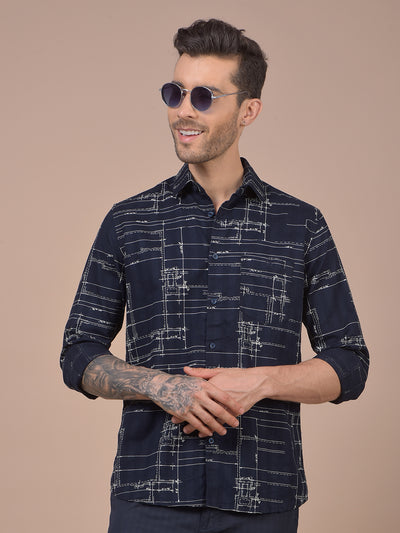 Navy Blue Printed 100% Cotton Shirt