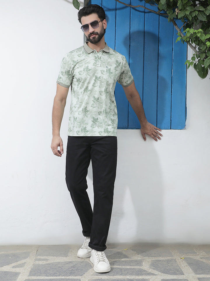 Green Floral Print Polo Neck T-Shirt