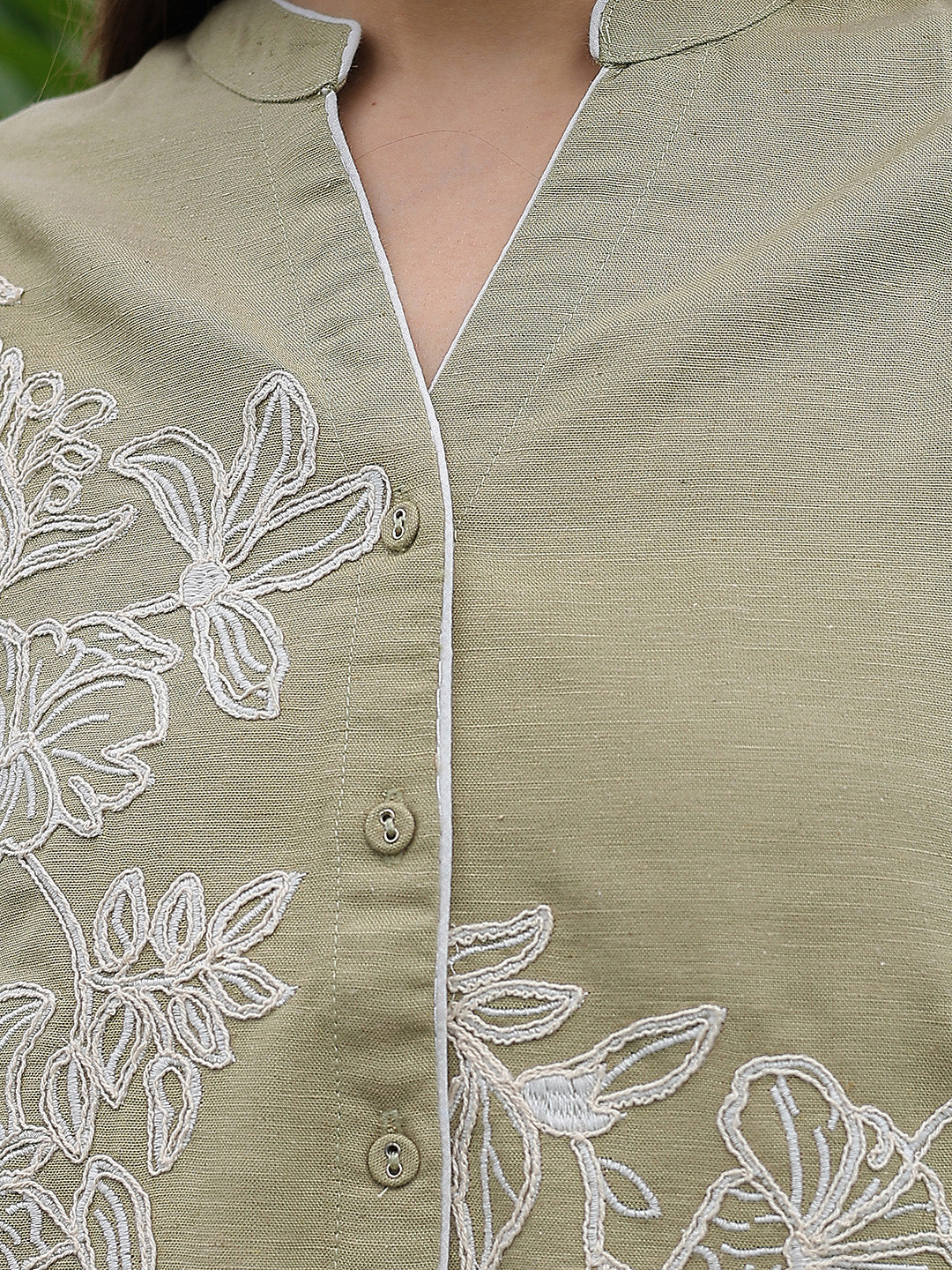 Olive Floral Embroidered V-Neck Shirt