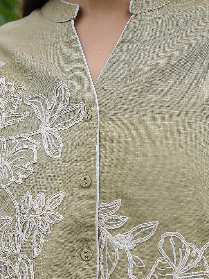 Olive Floral Embroidered V-Neck Shirt