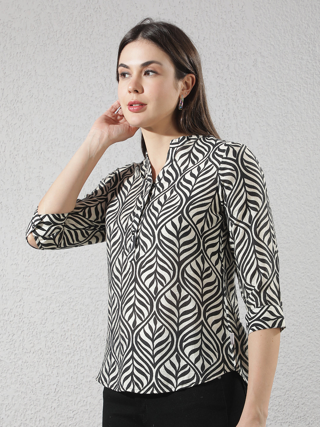 Black Botanical Print V-Neck Top