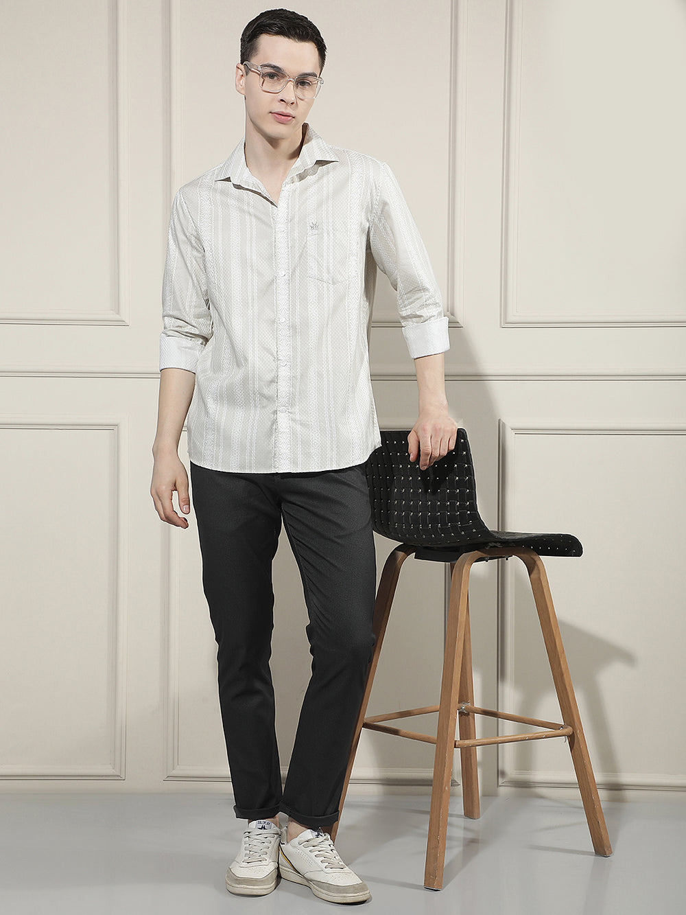 Beige Vertical Striped 100% Cotton Shirt
