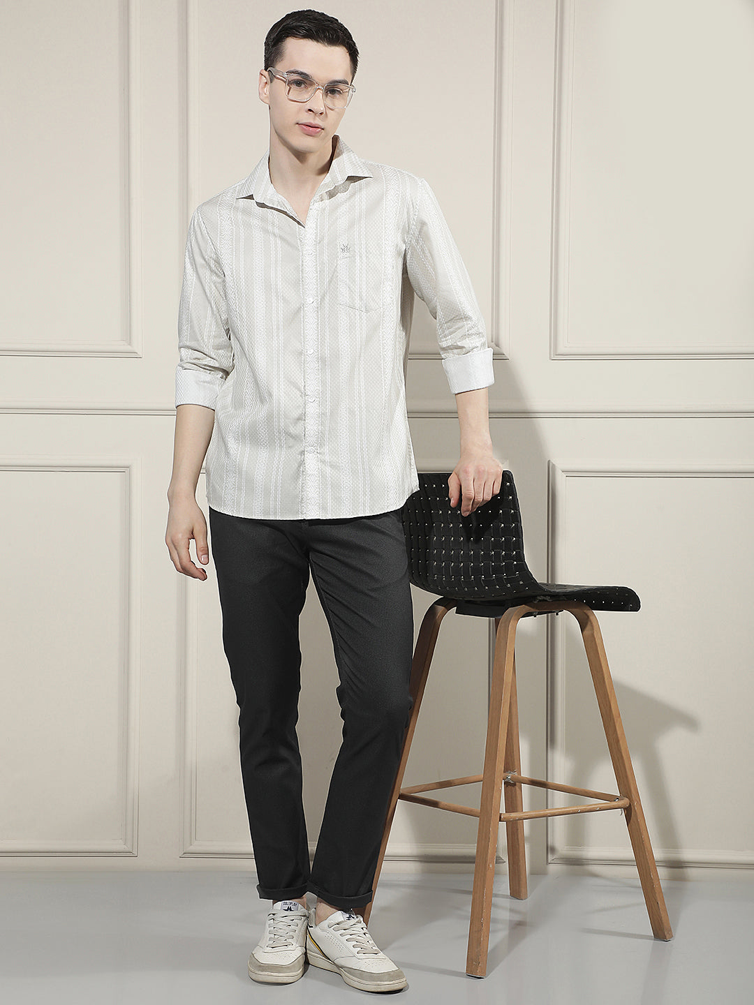 Beige Vertical Striped 100% Cotton Shirt