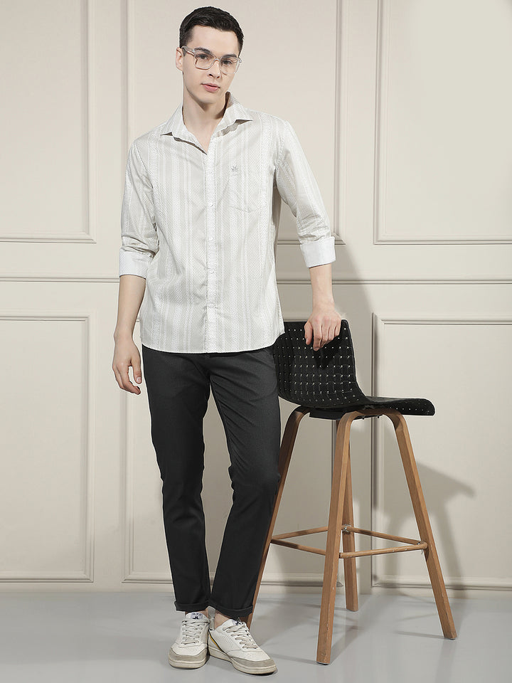 Beige Vertical Striped 100% Cotton Shirt