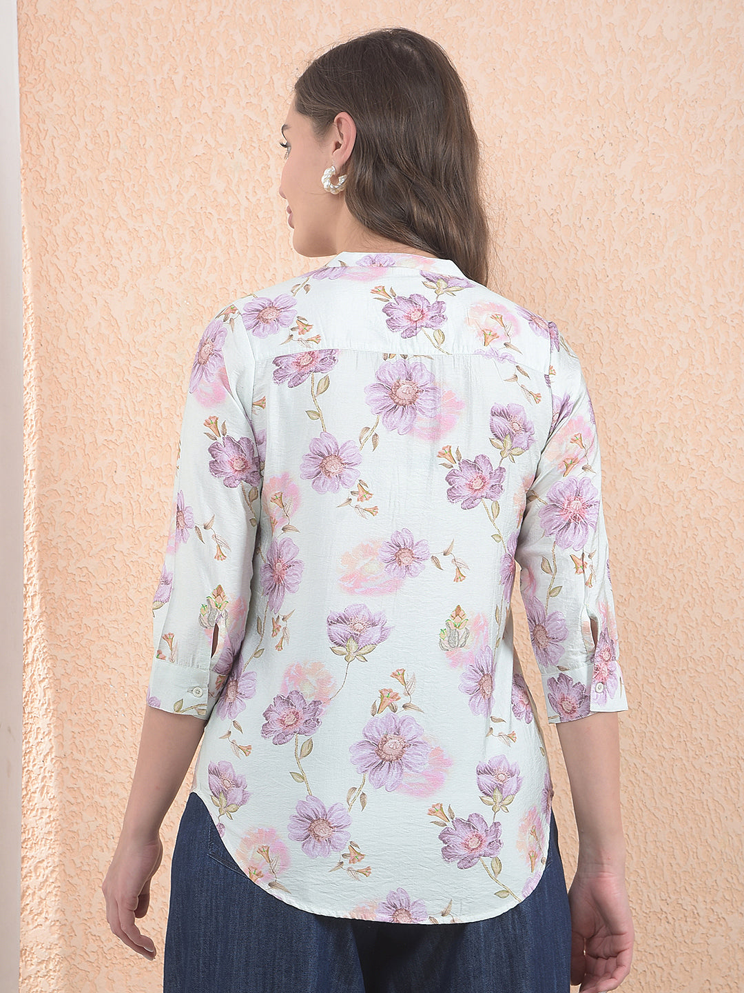 Purple Floral Print V-Neck Top