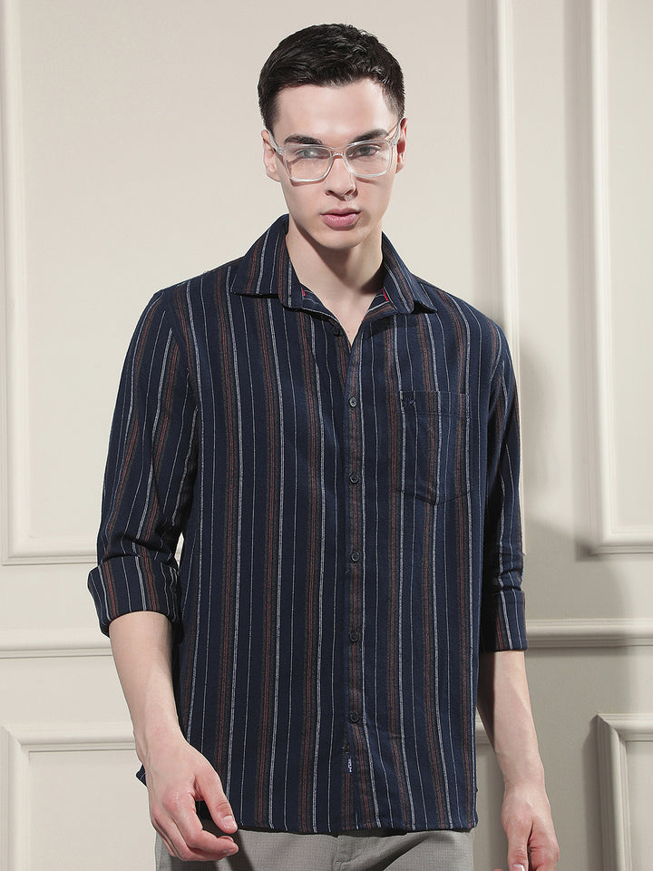Navy Blue Vertical Stripes 100% Cotton Shirt