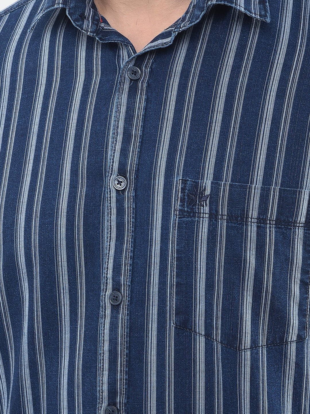 Navy Blue Vertical Striped 100% Cotton Shirt