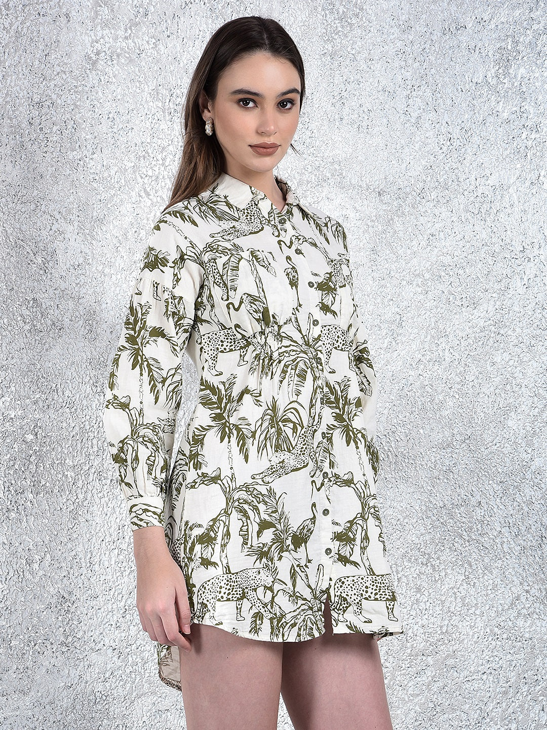 Olive Floral Print 100% Cotton Mini Shirt-Dress