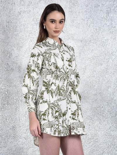 Olive Floral Print 100% Cotton Mini Shirt-Dress