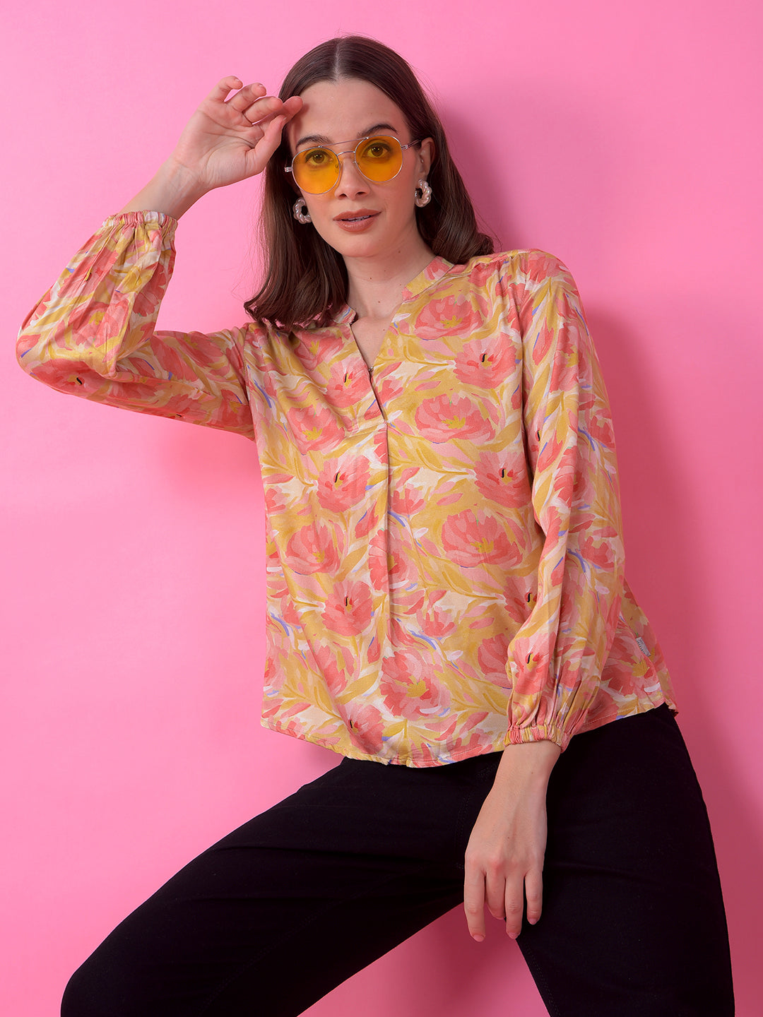 Olive Floral Print V-Neck Top