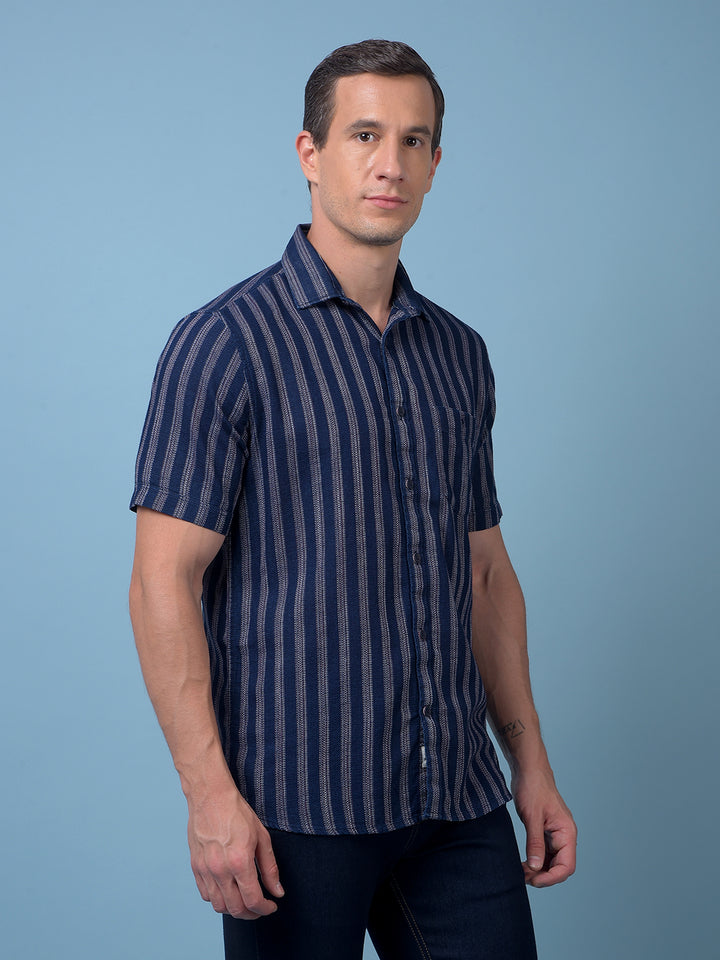 Navy Blue Vertical Stripes 100% Cotton Shirt