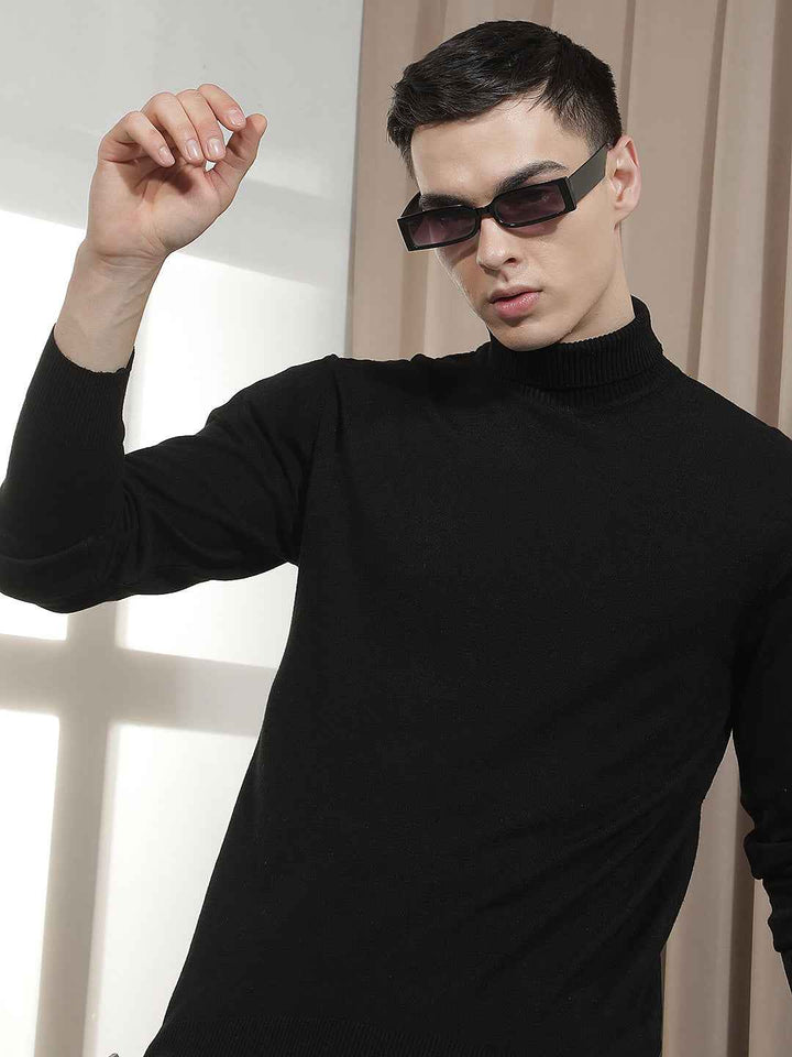 Sleek Black Ribbed Turtle Neck Sweater