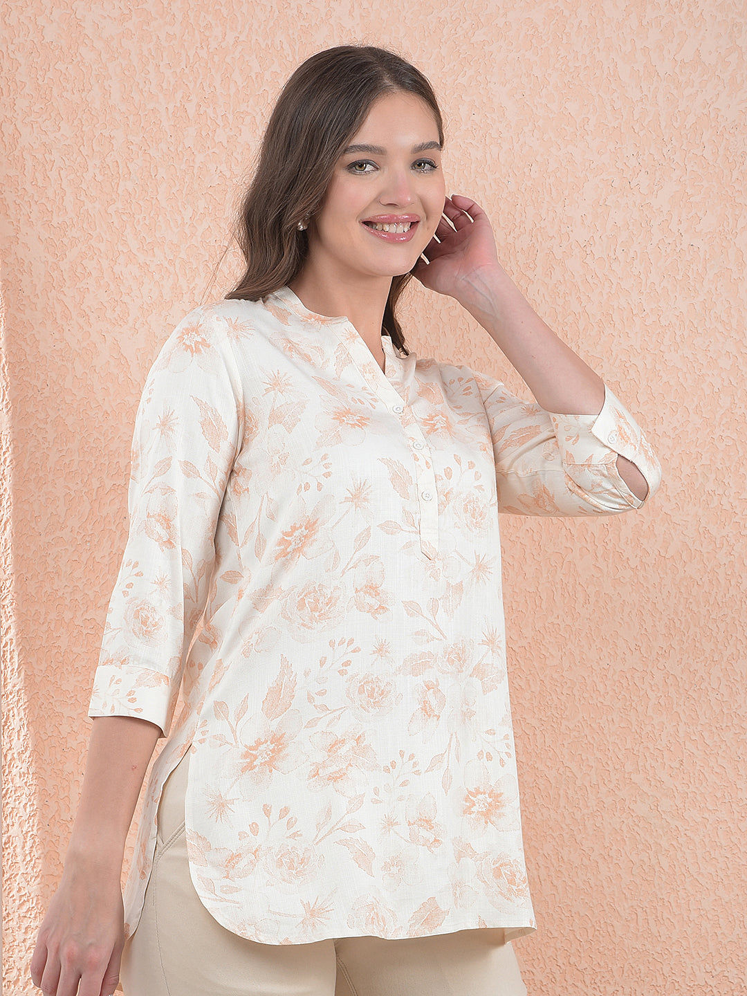 Peach Floral Print V-Neck Top