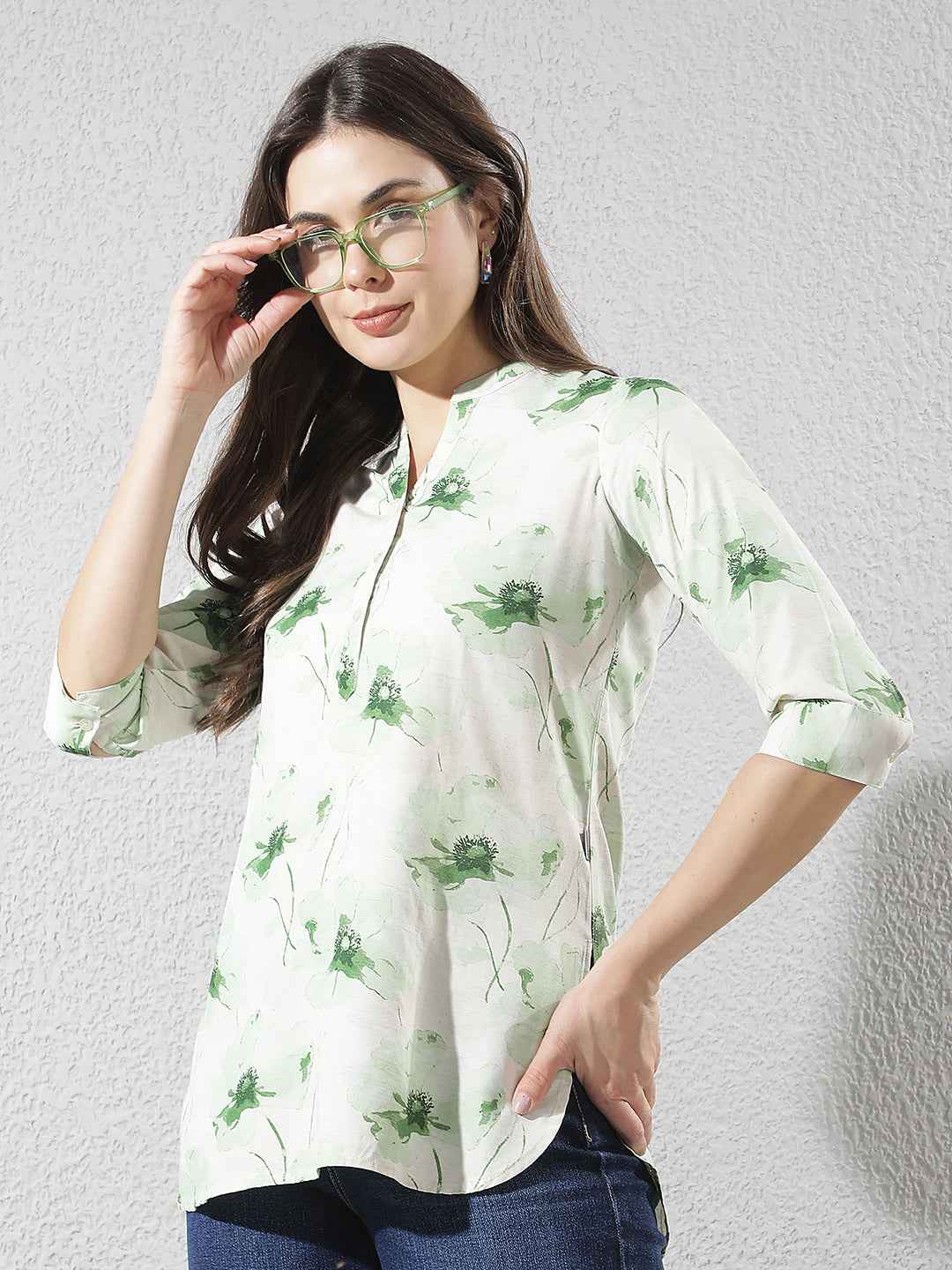 Linen Green Floral Printed V-Neck Top
