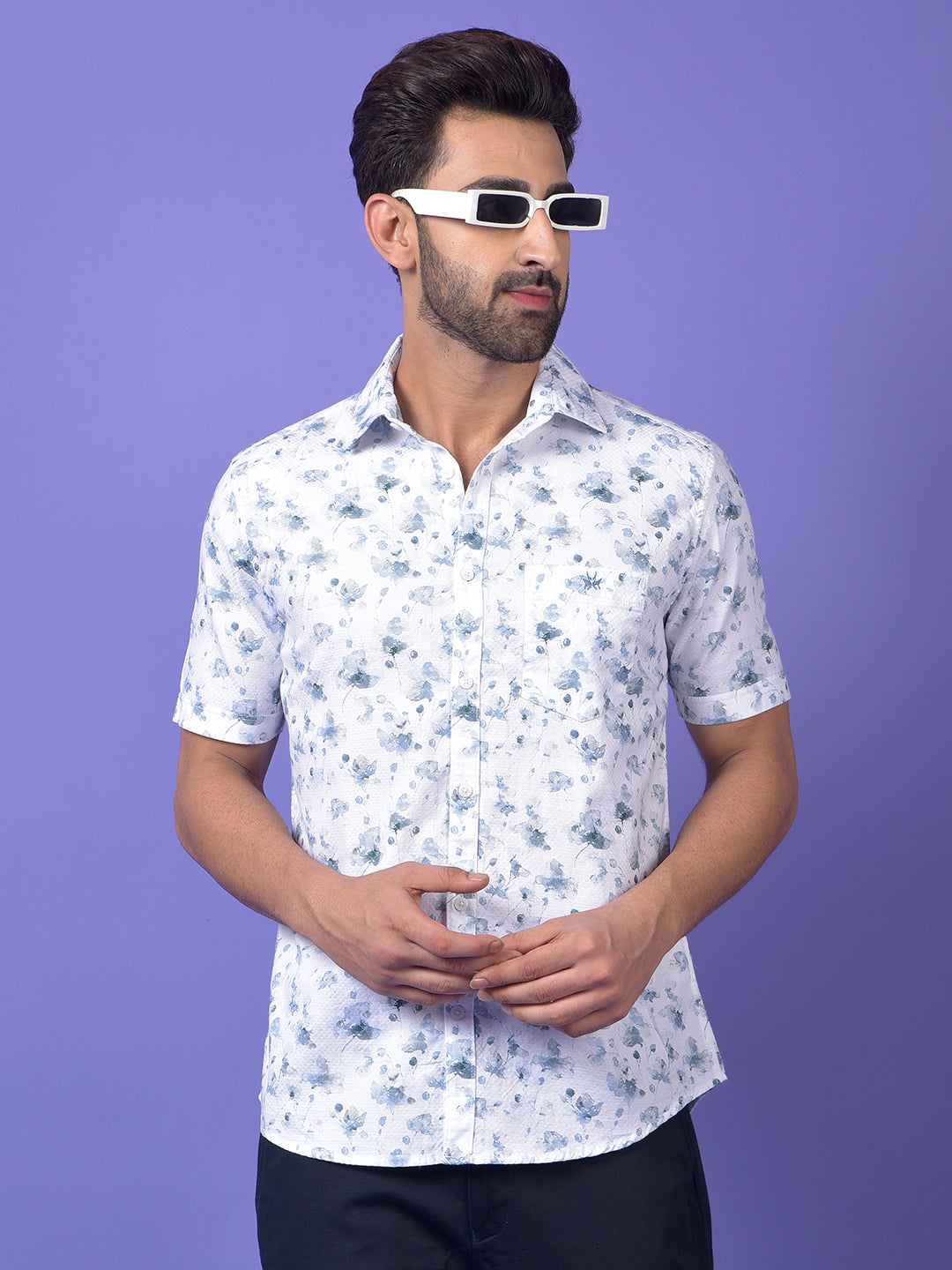 Blue Floral Print 100% Cotton Shirt