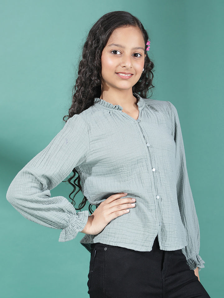 Green Textured V-Neck Top