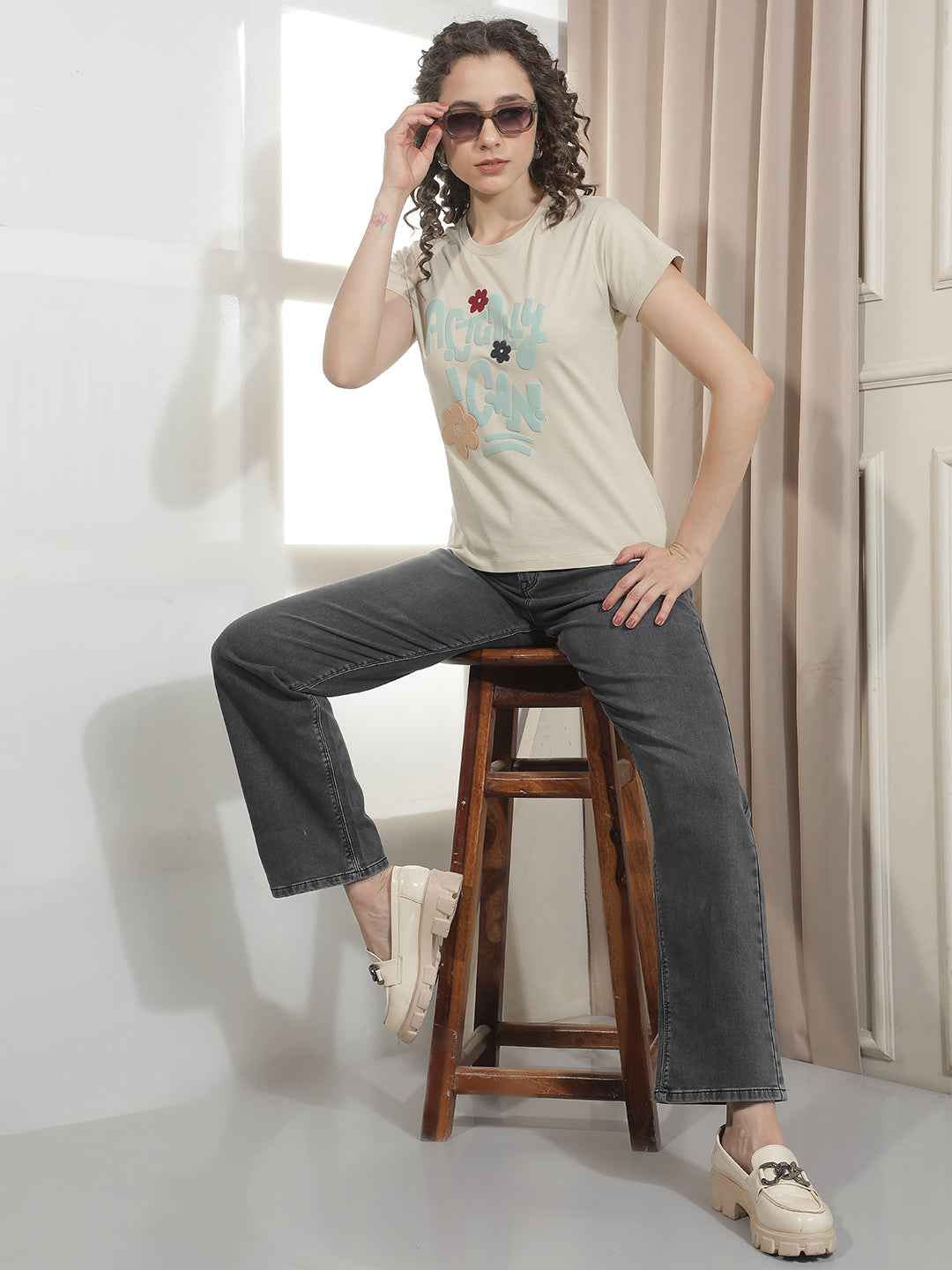 Beige Typographic Embroidery T-Shirt