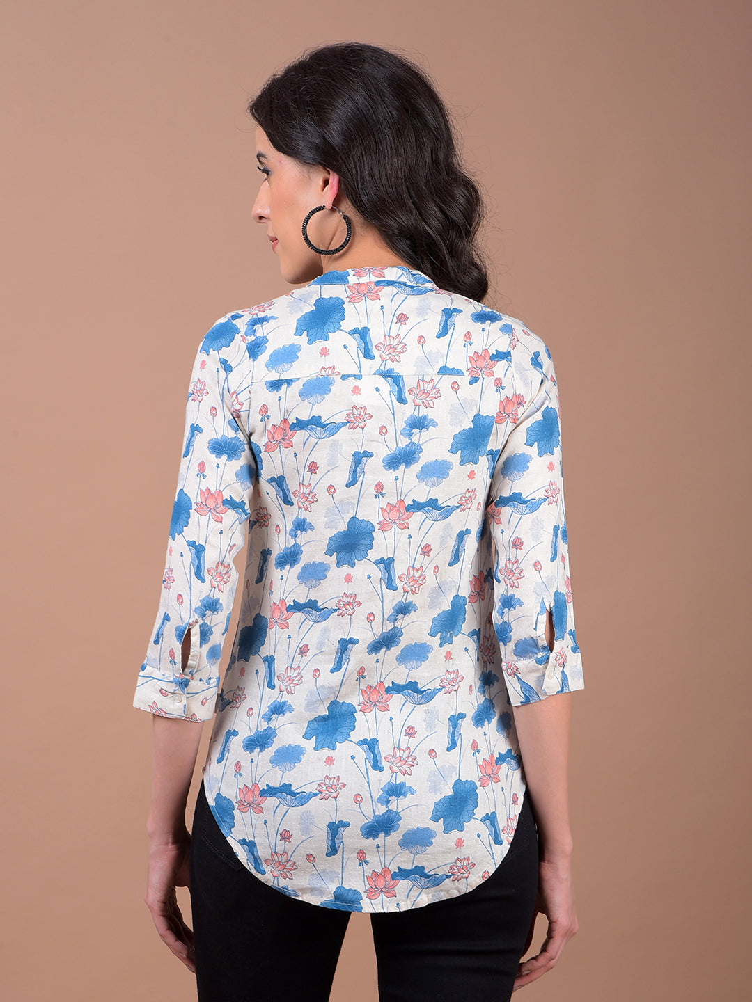 Blue Floral Print V-Neck Linen Top