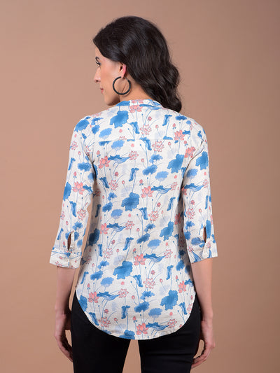 Blue Floral Print V-Neck Linen Top