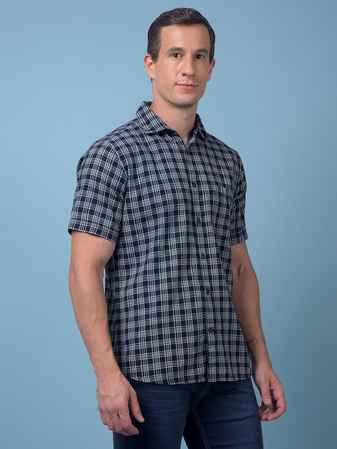 Navy Blue Checked 100% Cotton Shirt