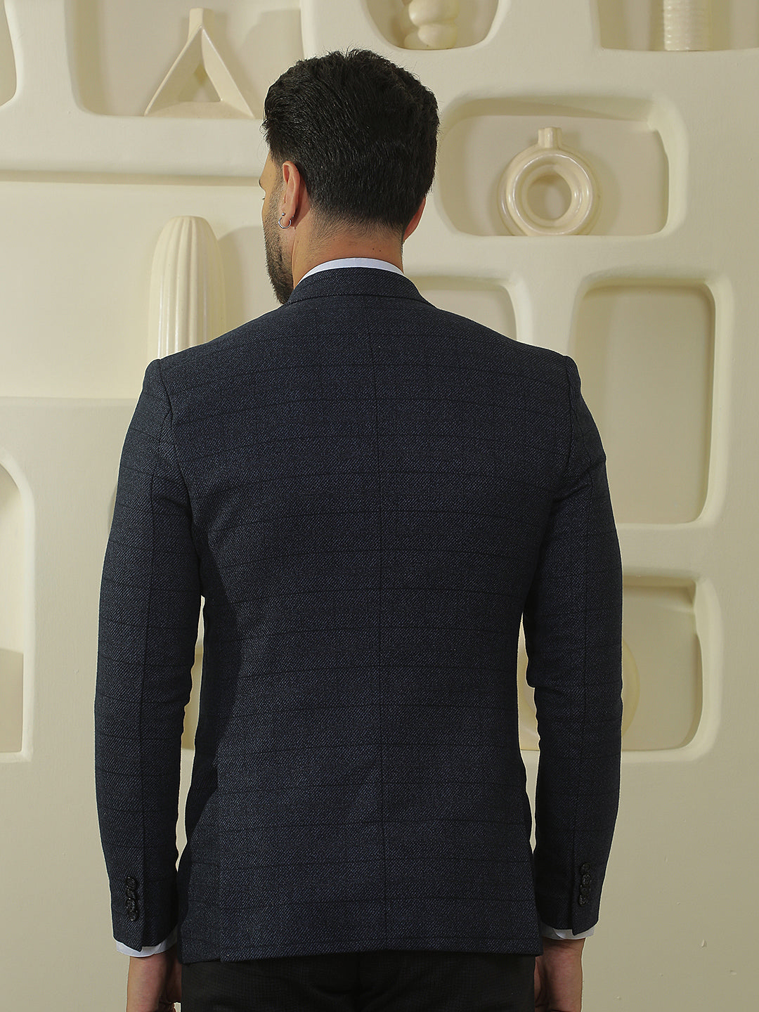 Blue Checked Notch Lapel Blazer
