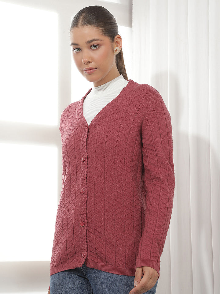 Red Jacquard V-Neck Cardigan