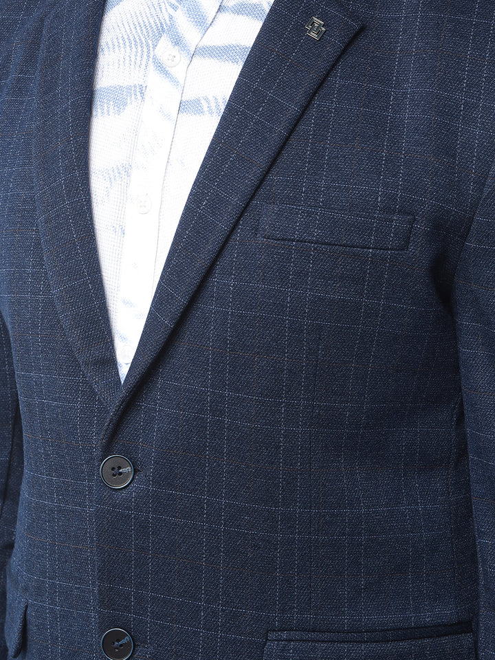 Navy Blue Checked Notched Lapel Single-Breasted Blazer