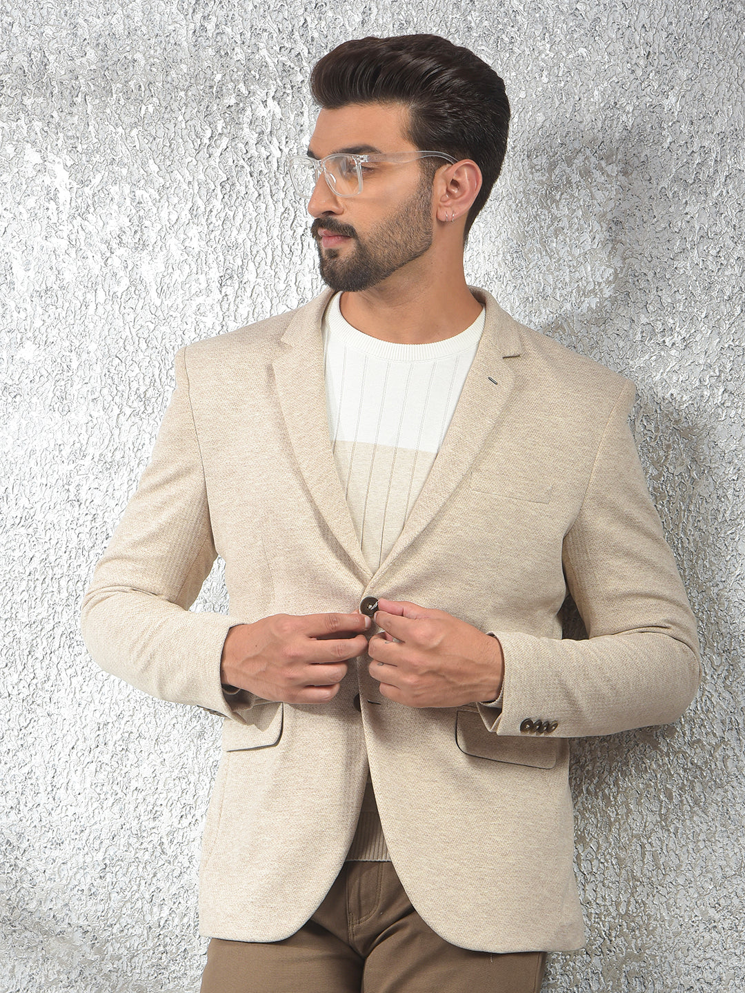 Beige Notched Lapel Single-Breasted Blazer