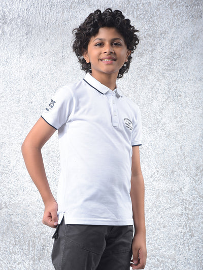 Static Grid White Polo Neck T-Shirt