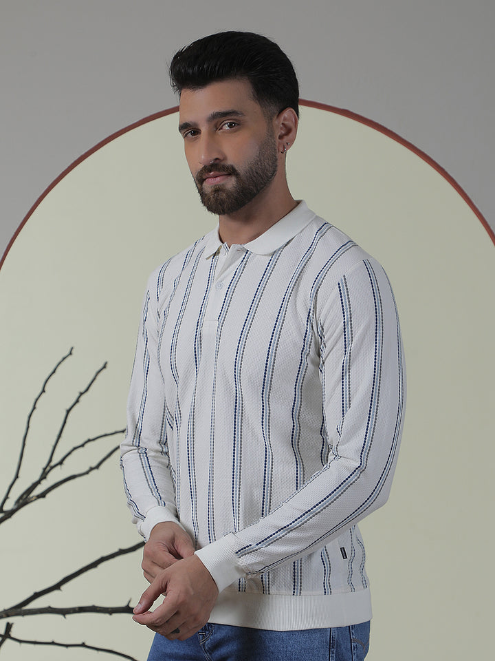 Off White Striped Polo Neck T-Shirt
