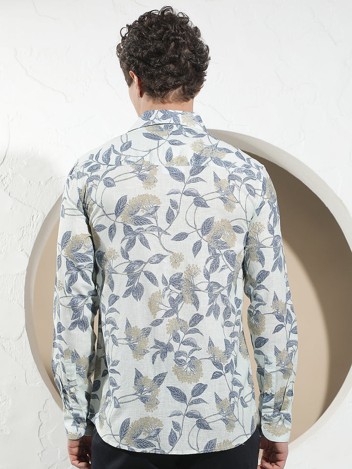 Blue Botanical Print Linen Shirt