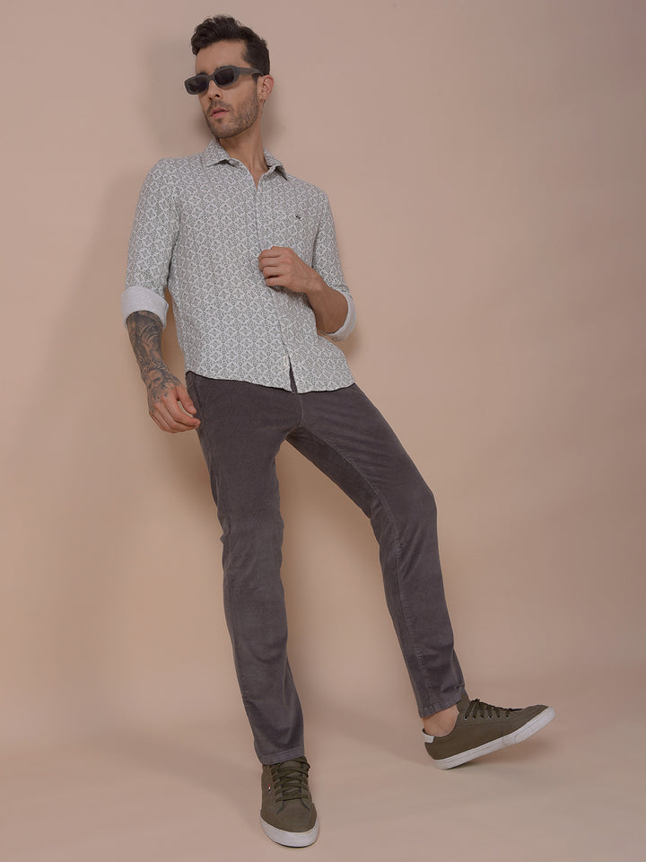 Grey Printed Corduroy Trousers