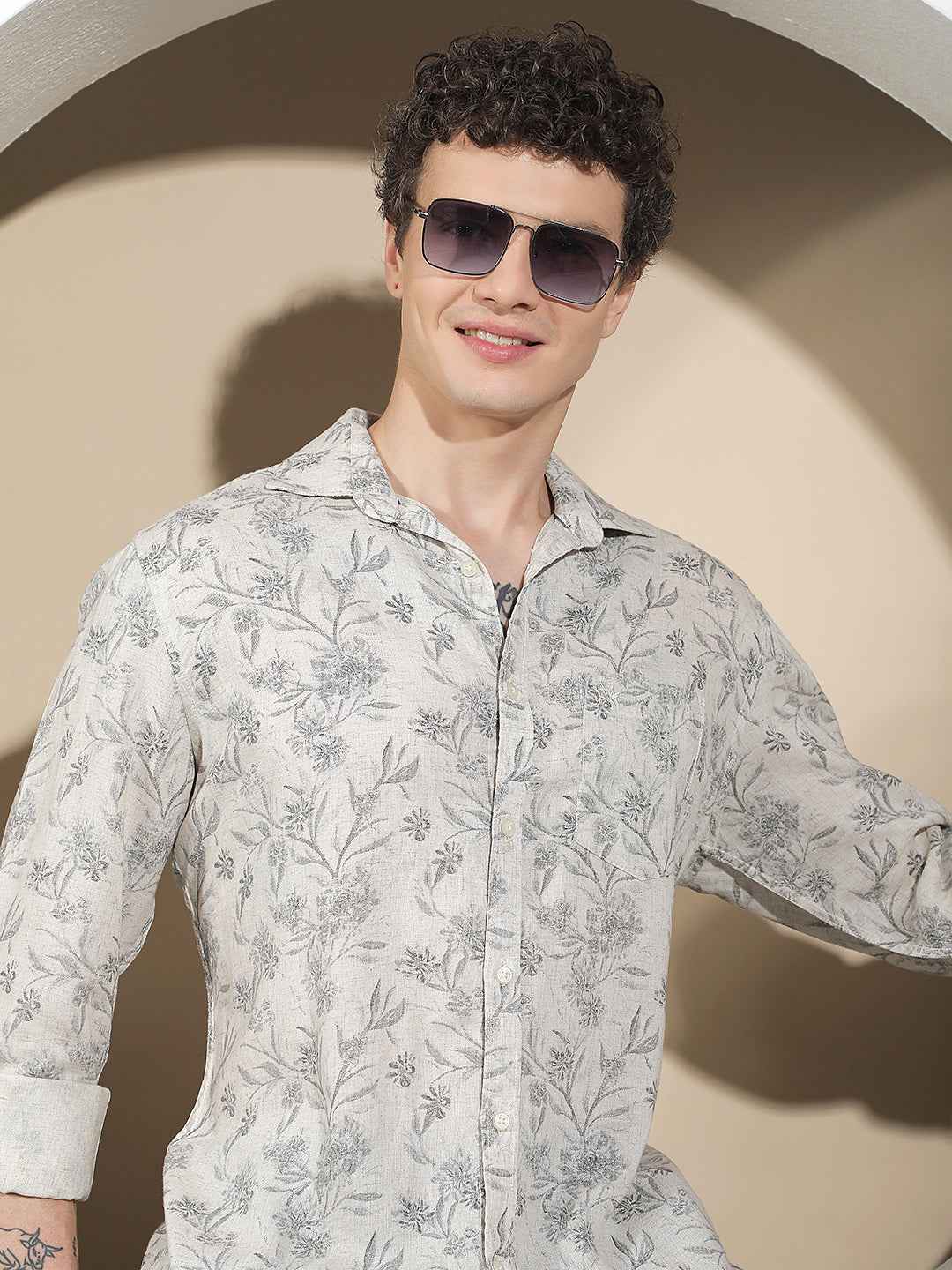 Linen Black Floral Print Shirt