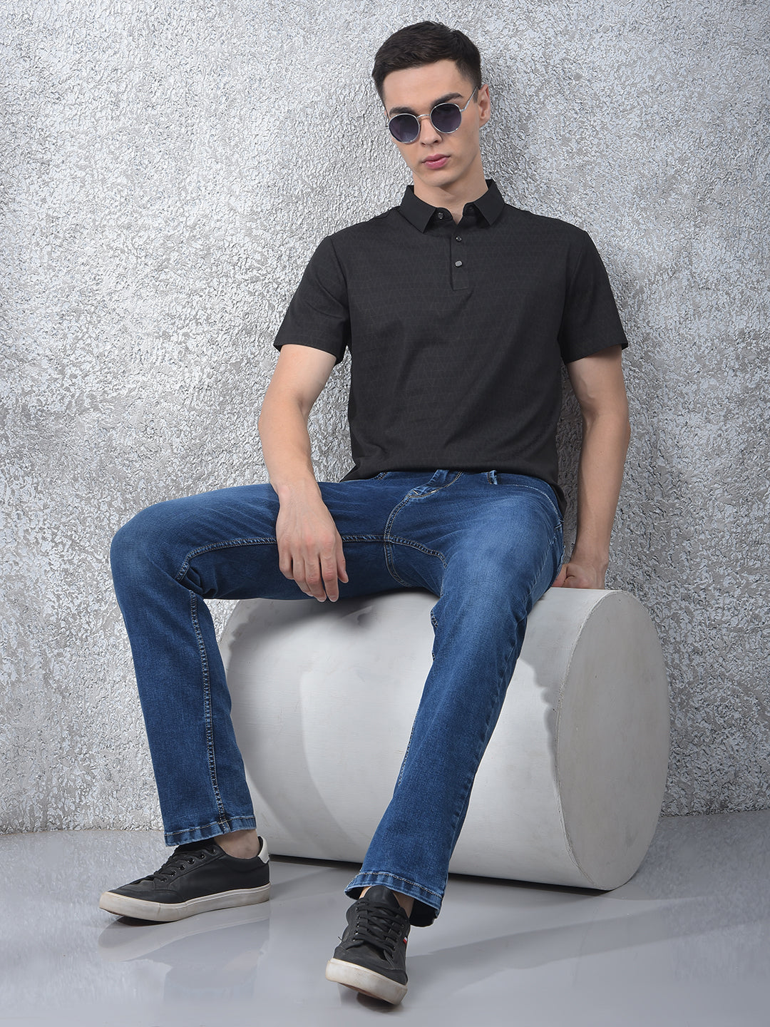 Black Printed Polo Neck T-Shirt