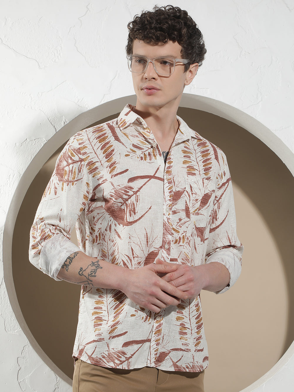 Red Botanical Print Linen Shirt