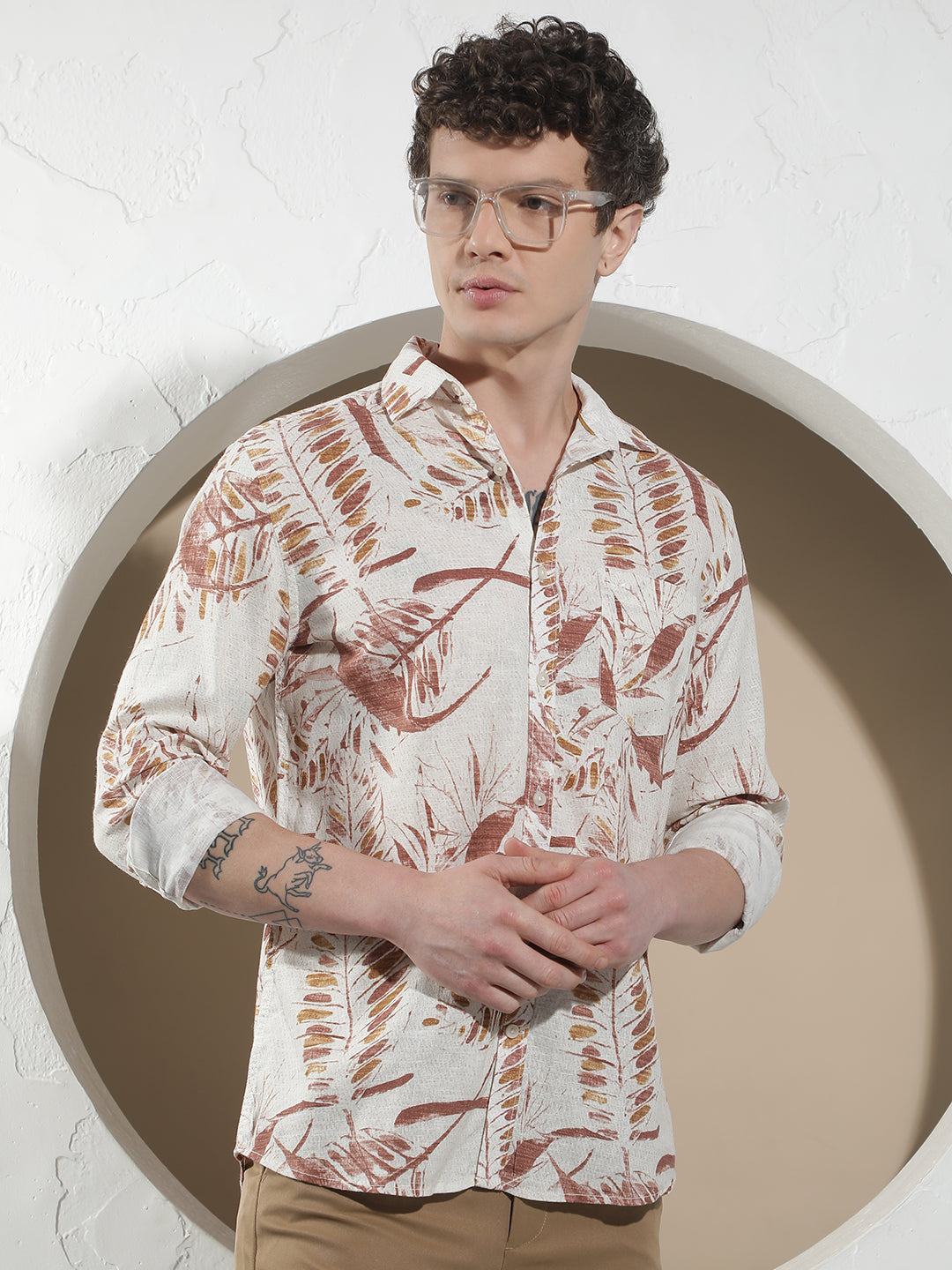Red Botanical Print Linen Shirt