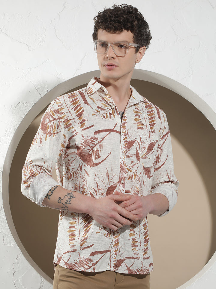 Red Botanical Print Linen Shirt