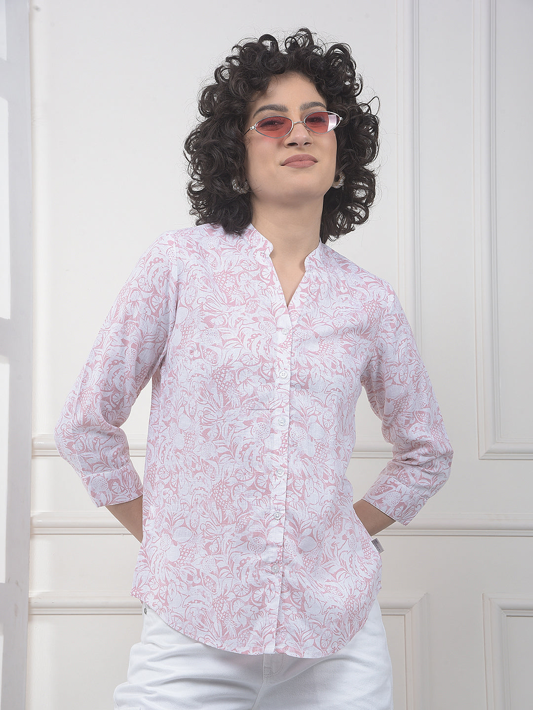 Pink Floral Print Linen Shirt