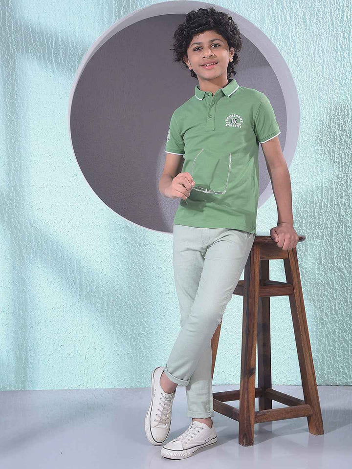 Green Typographic Print Polo Neck T-Shirt