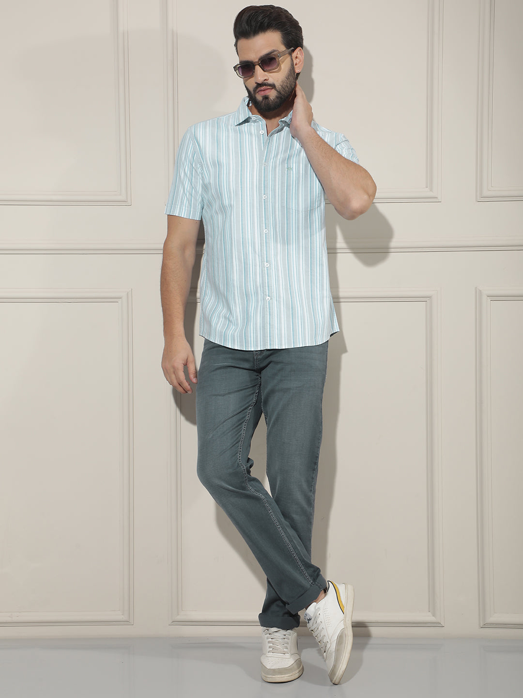 Green Vertical Striped 100% Cotton Shirt