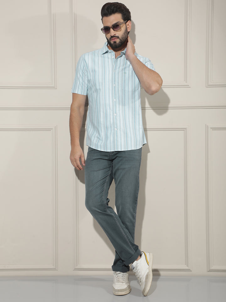 Green Vertical Striped 100% Cotton Shirt