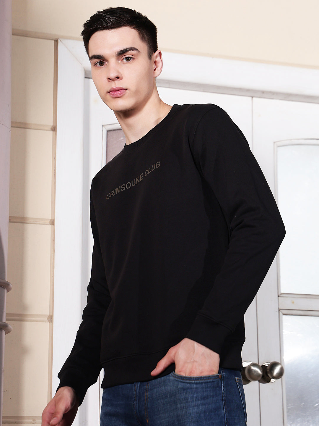 Black Typographic Print Round Neck Sweatshirt