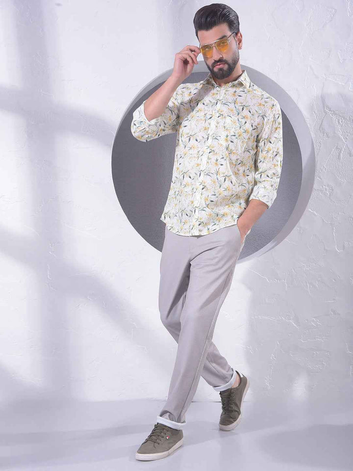 Green Floral Print Linen Shirt