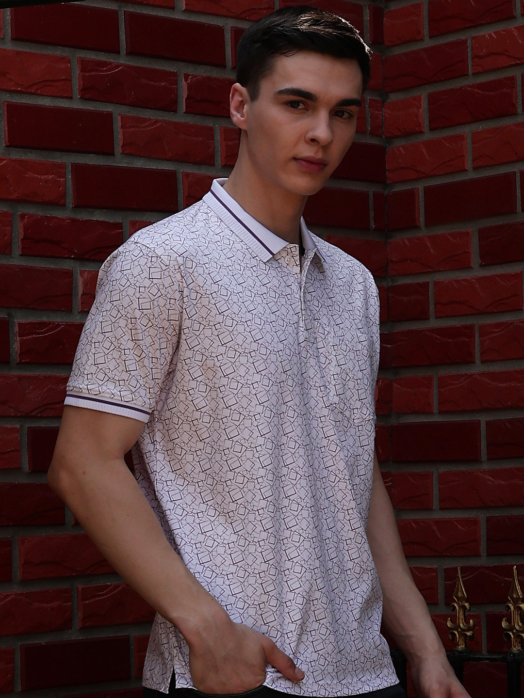 Purple Abstract Print Polo Neck 100% Cotton T-Shirt