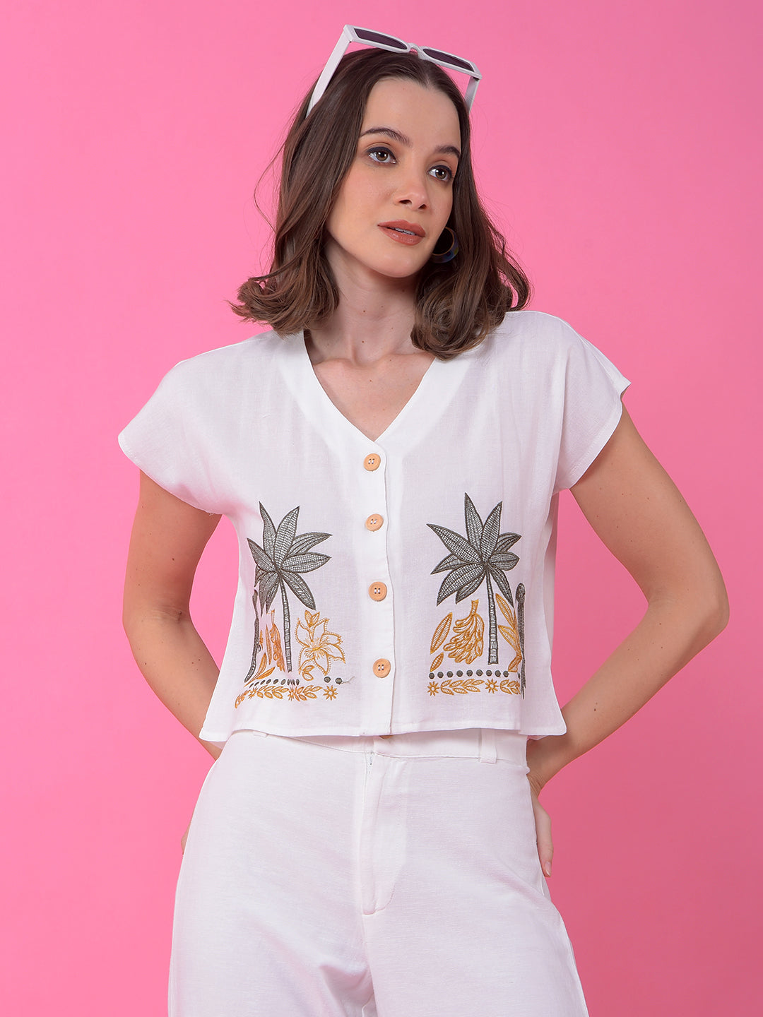 White Embroidered V-Neck Cropped Linen Top