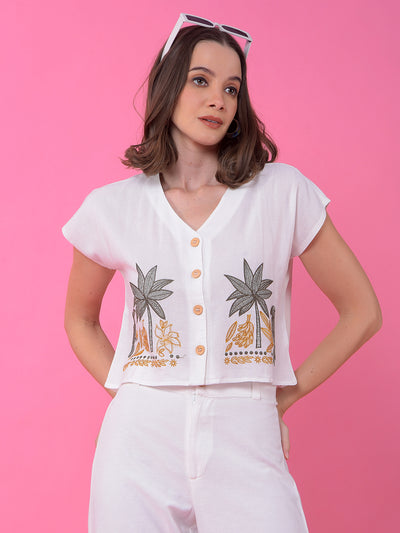 White Embroidered V-Neck Cropped Linen Top